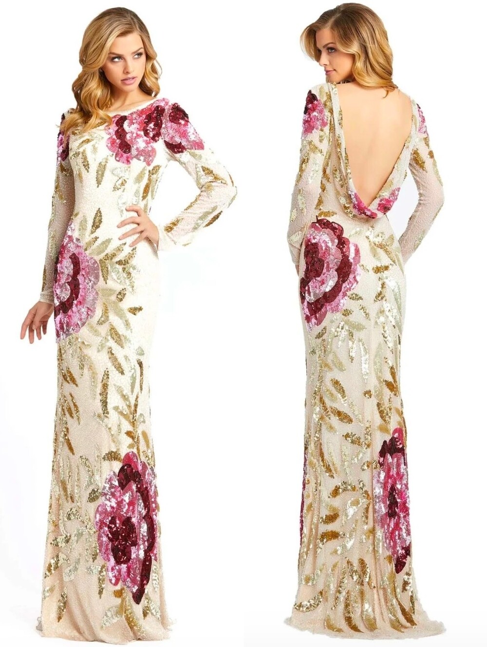 MAC DUGGAL Nude 4566 Sequin Floral Embellished Open Back Maxi Evening Gown